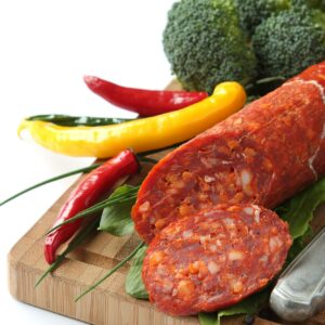 Spanish chorizo sausage with chili peppers and broccoli