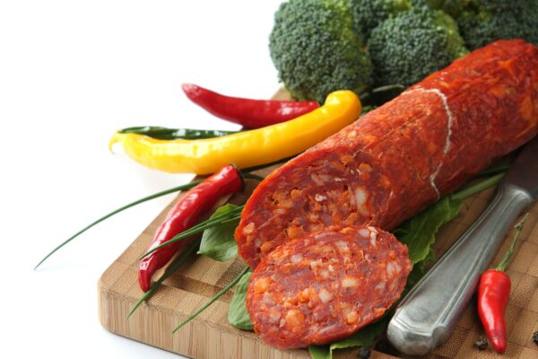 Spanish chorizo sausage with chili peppers and broccoli